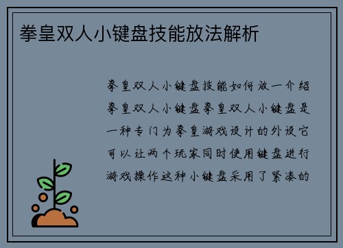 拳皇双人小键盘技能放法解析