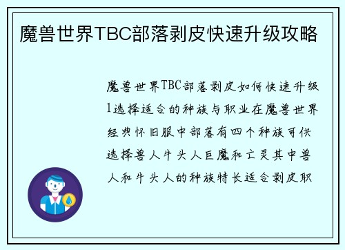 魔兽世界TBC部落剥皮快速升级攻略