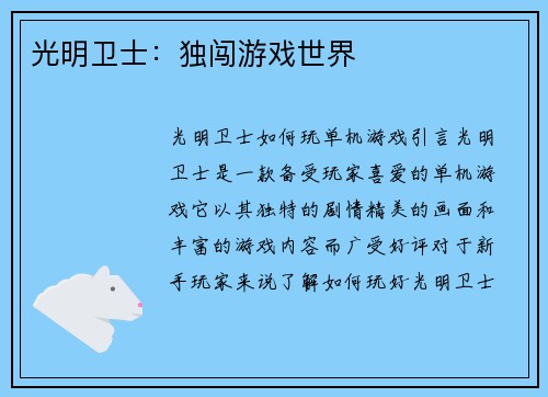 光明卫士：独闯游戏世界